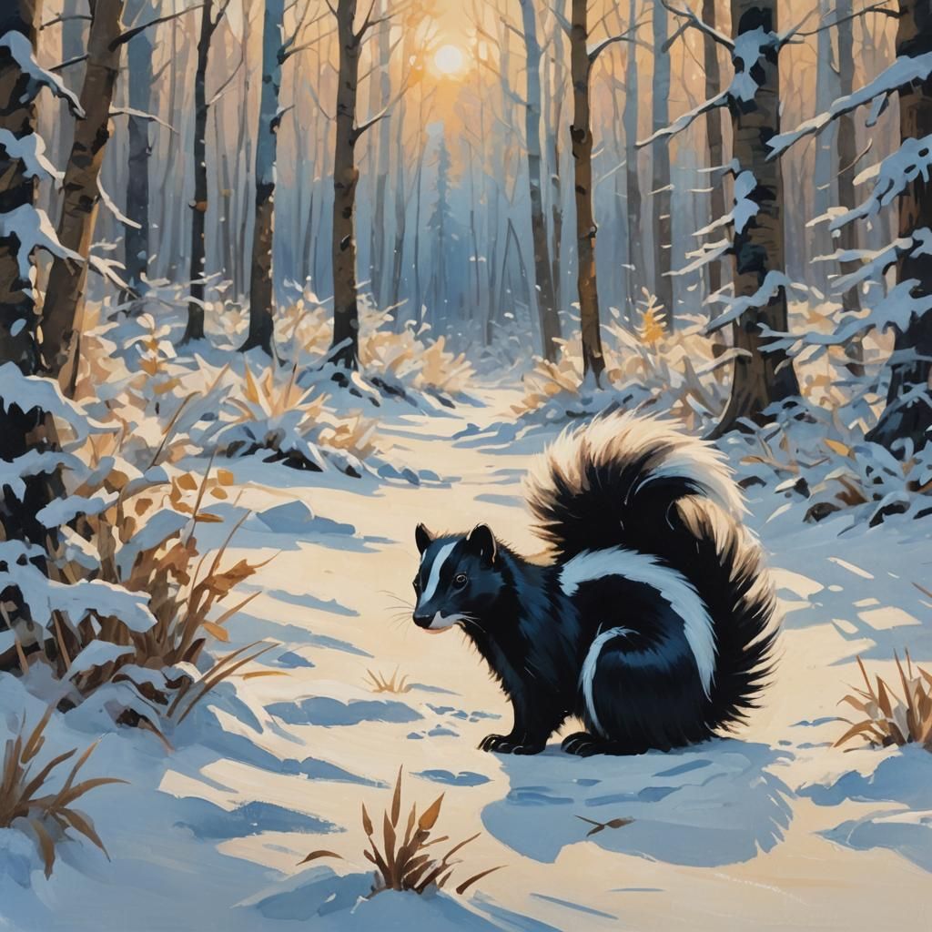 Skunk in Snowy Forest: Impressionist Gouache Painting