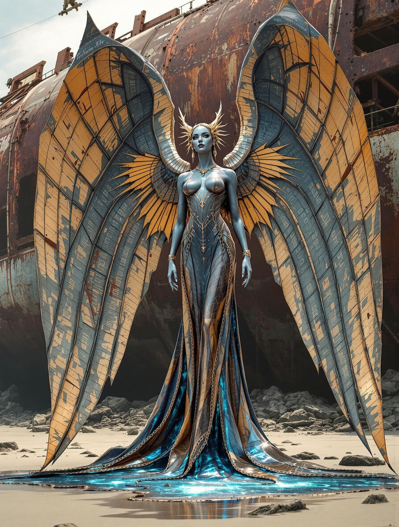 Androgynous Seraph Rises from Rust: Digital Micro-Realism