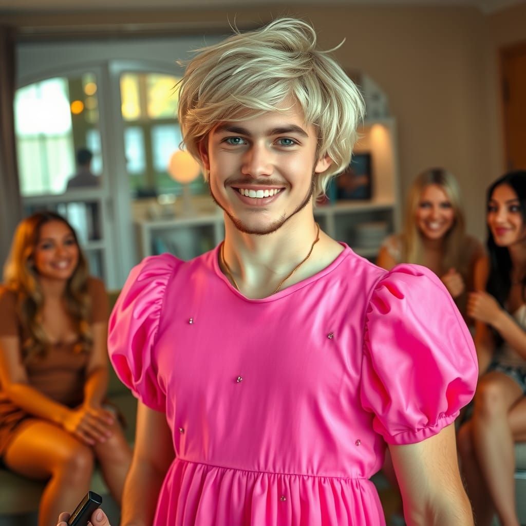 Young Man in Pink Babydoll Dress Confidently Poses