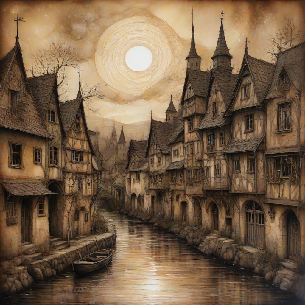 Serene Medieval Village Quayside in Sepia