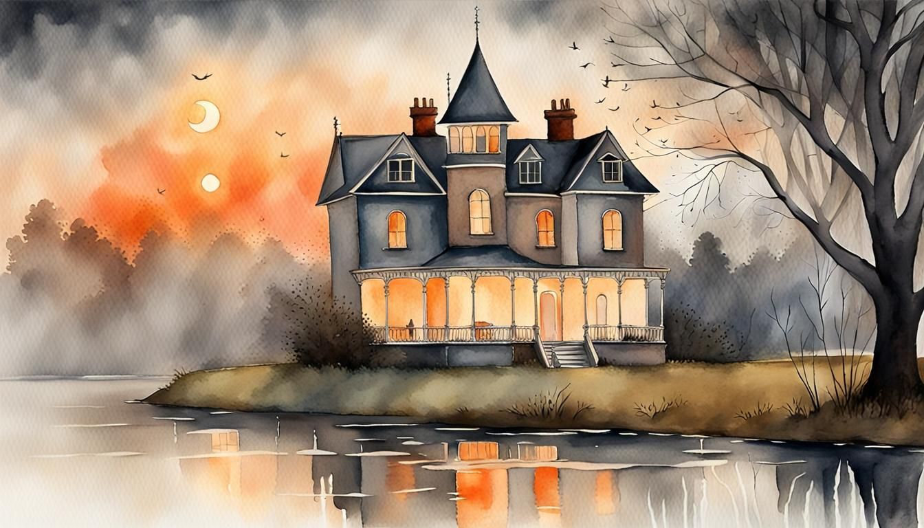 Elegant Victorian Villa at Sunset with Starlit Misty Atmosph...