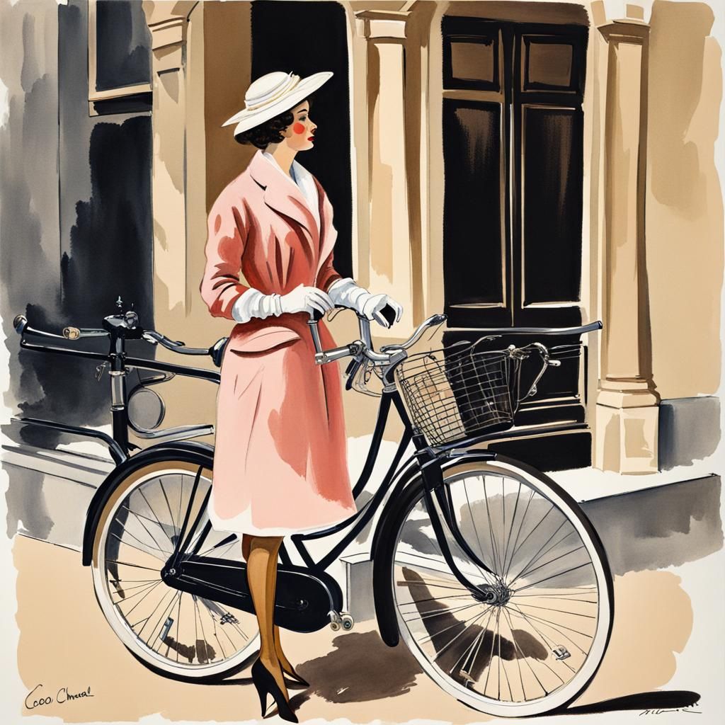 Chic Parisian Woman with Bicycle in Gouache