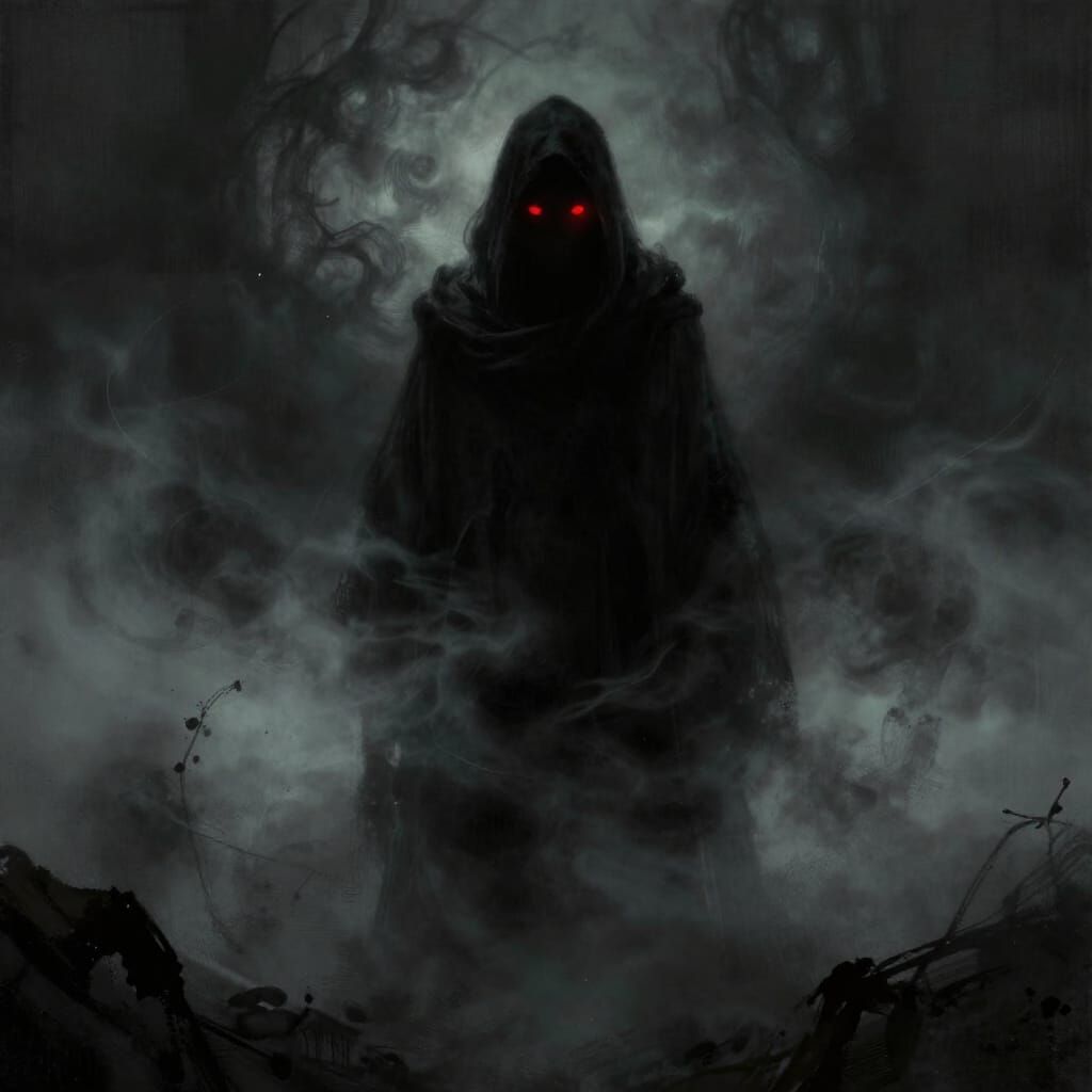 Shadowy Figure with Red Eyes in Dark Mist