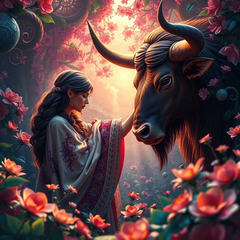 Woman and Taurus in Iridescent Garden