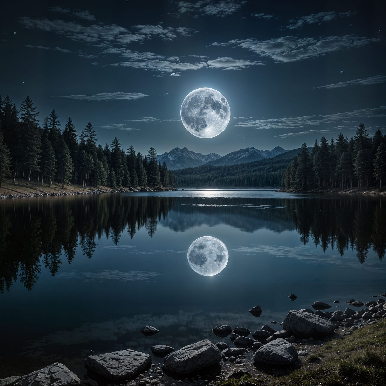 Hyperrealistic Full Moon Over Lake at Night