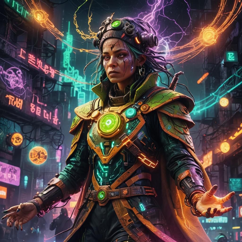 Cyberpunk Witch in Apocalyptic Cityscape