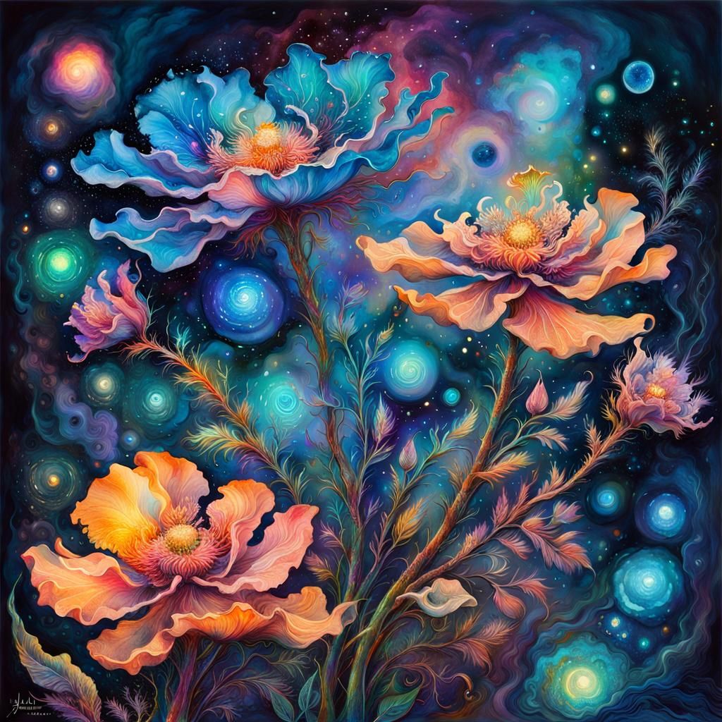 Bioluminescent Fantasy Flowers in Watercolor Style
