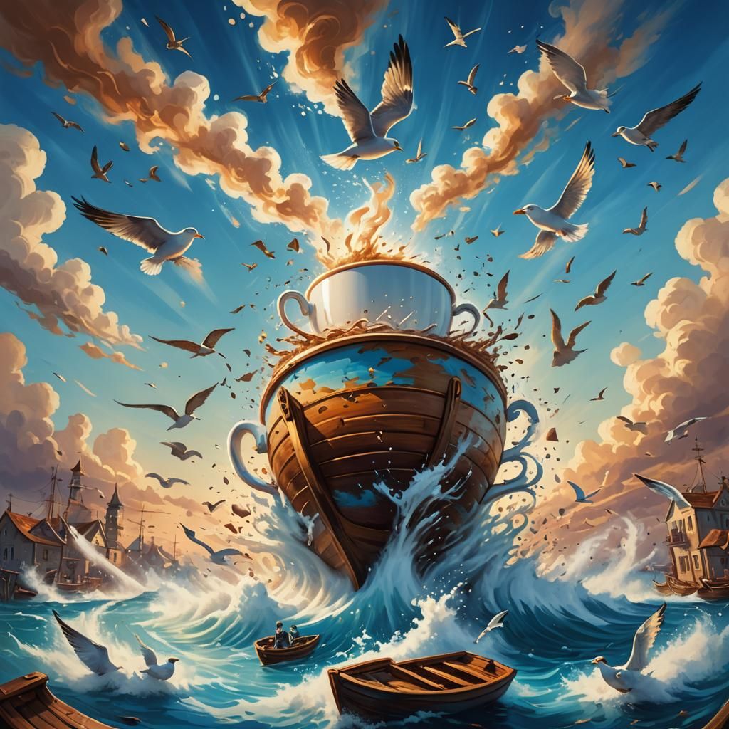 Steaming Coffee Cup with Boat in Surrealist Style