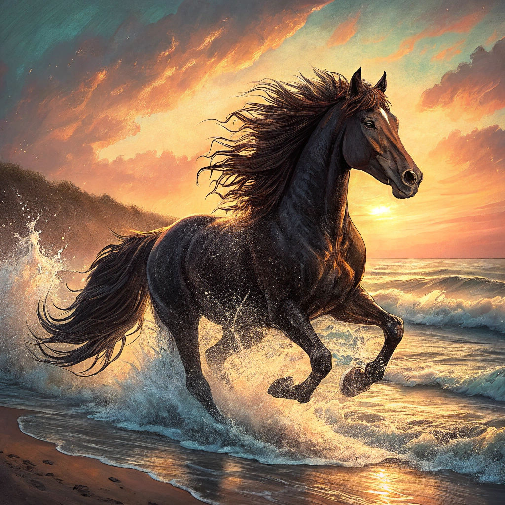 Chestnut Frisian Horse Galloping on Beach