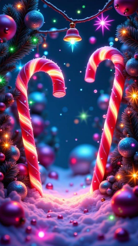 Iridescent Neon Christmas Frame with Candy Canes and Ornamen...