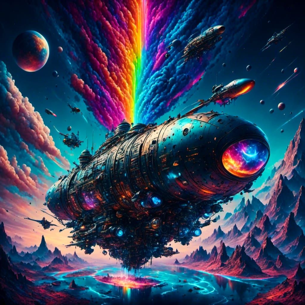 Cyberpunk Spaceship Soaring Through Rainbow Skyscape