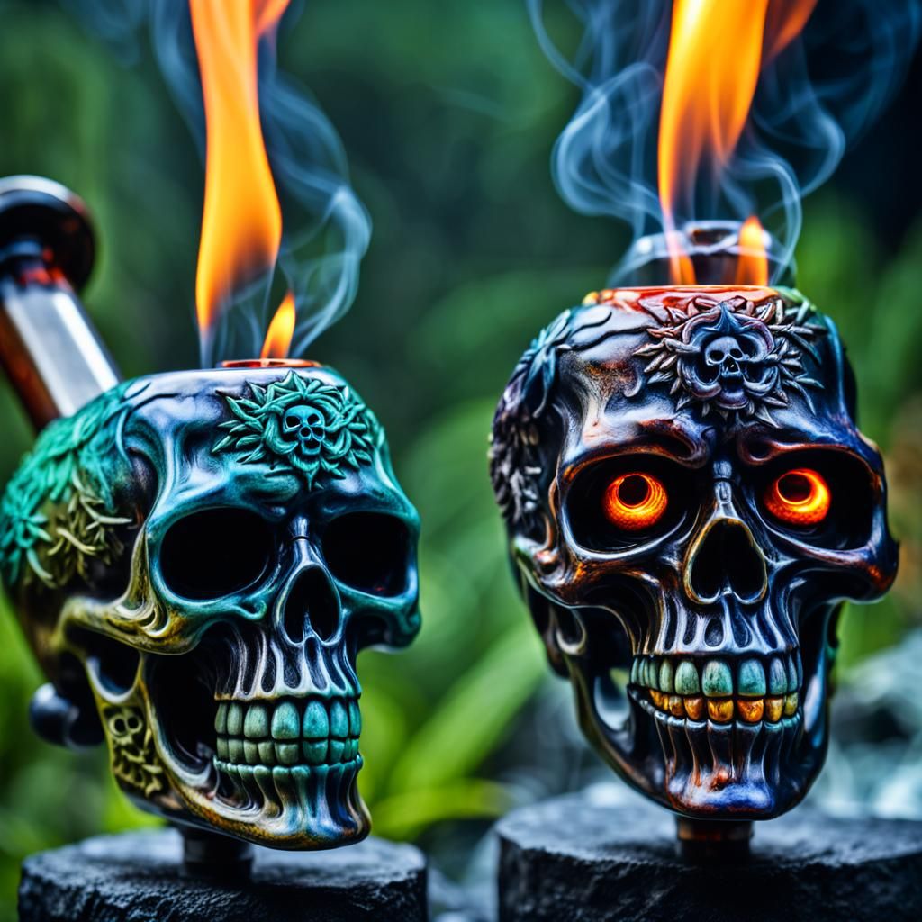 Skull-Faced Marijuana Bongs Engulfed in Fire and Smoke