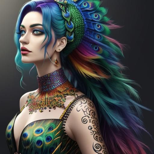 Rainbow Dragon Woman: Abstract Art with Peacock Hair