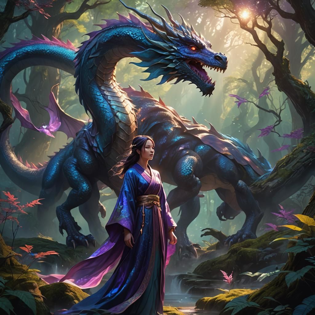 Girl and Dragon in Mystical Forest, Fantasy Art