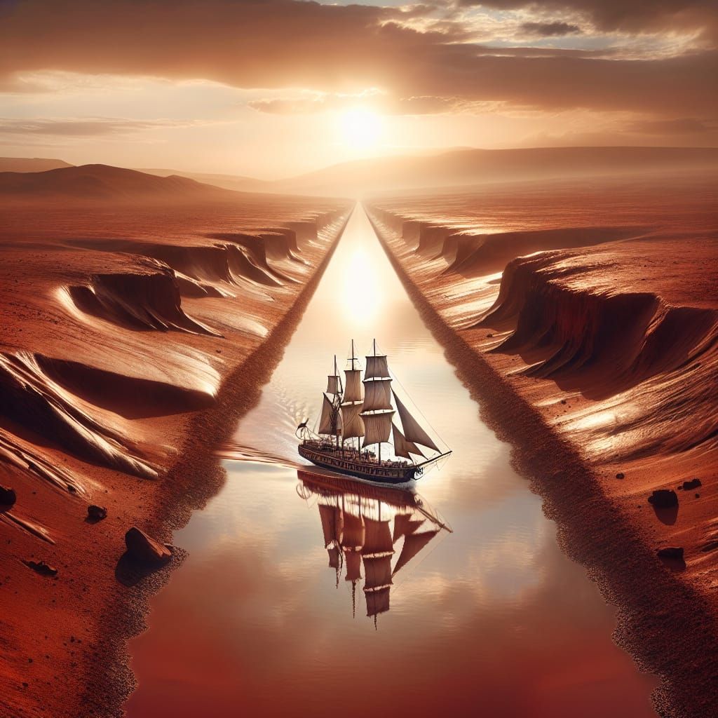 Steampunk Barge Navigates Martian Canal