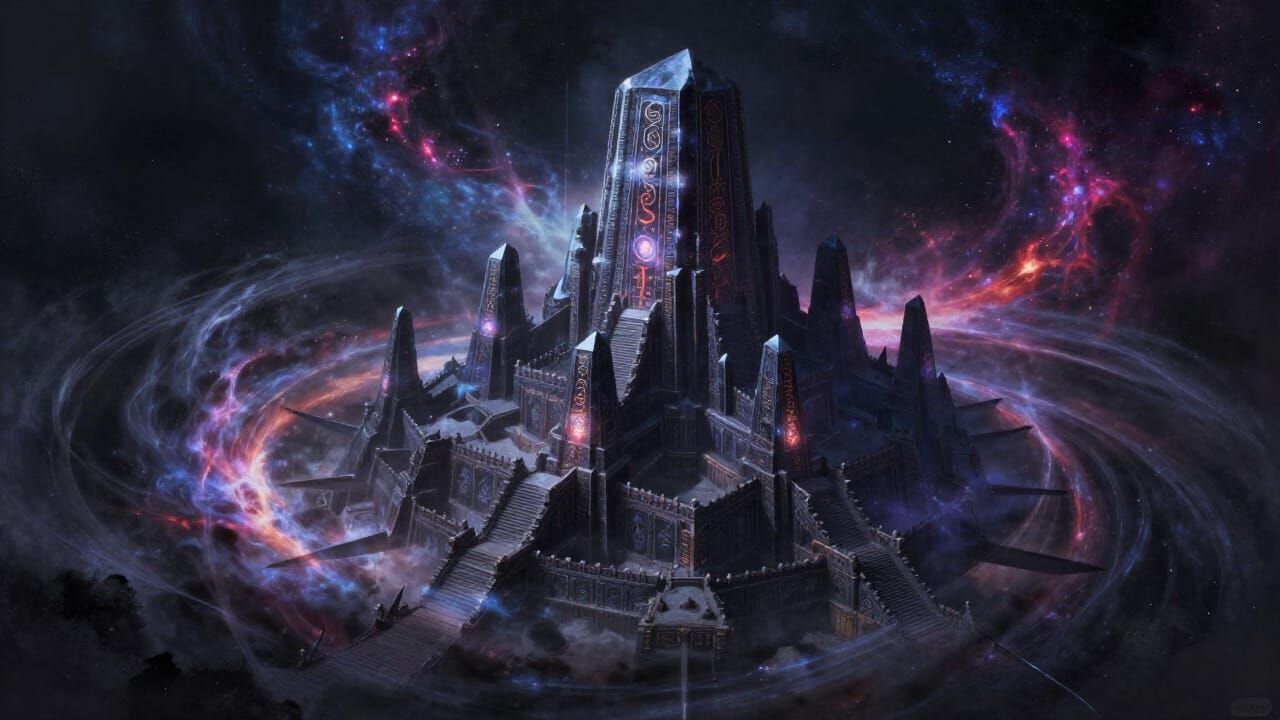 Cosmic Fortress of Obsidian with Glowing Runes