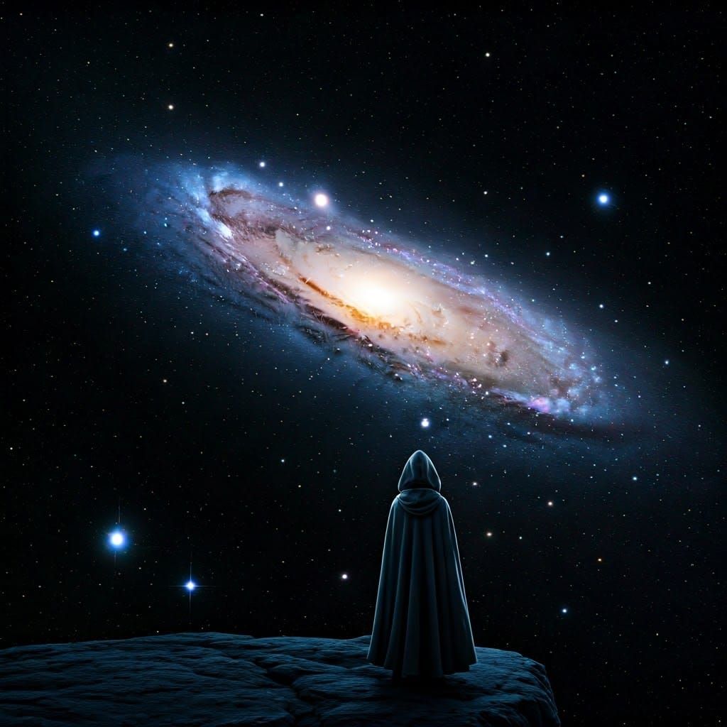 A Lone Figure Contemplates the Cosmos in Infinite Space