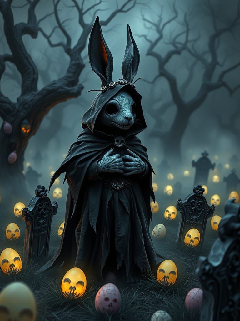 Gothic Easter Bunny Reigns over Mysterious Graveyard