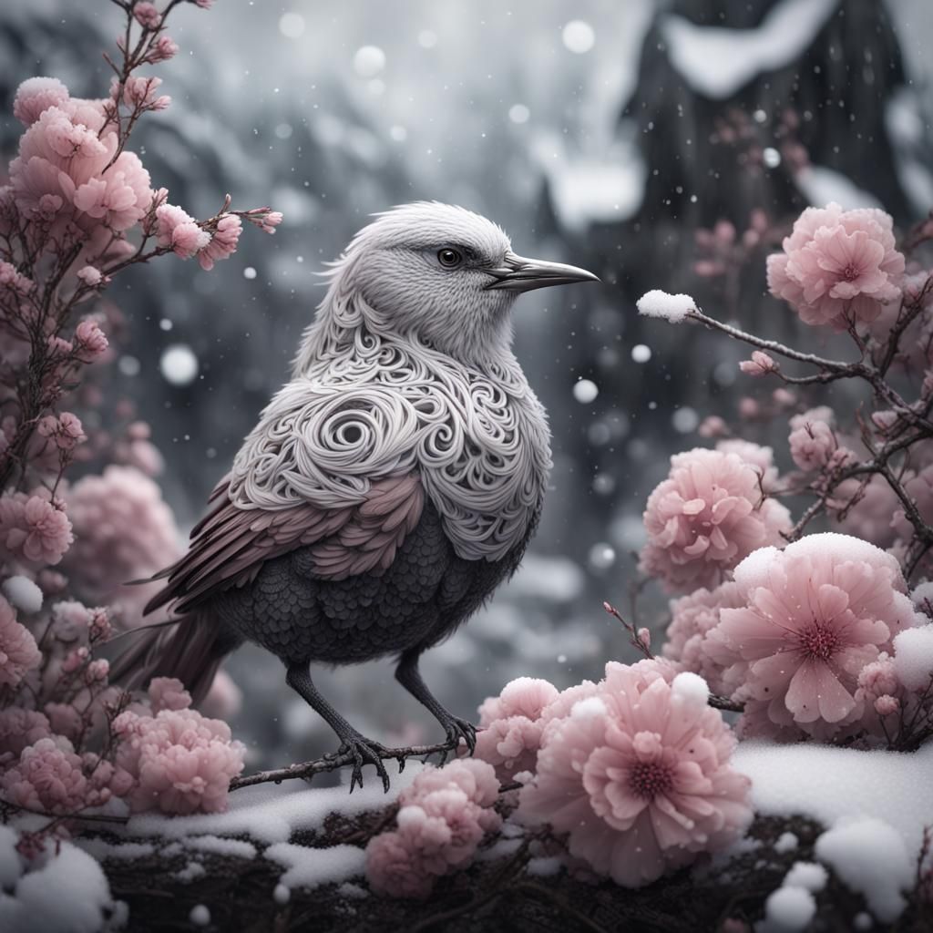 Lace Bird in Snow: Black, White, and Pink