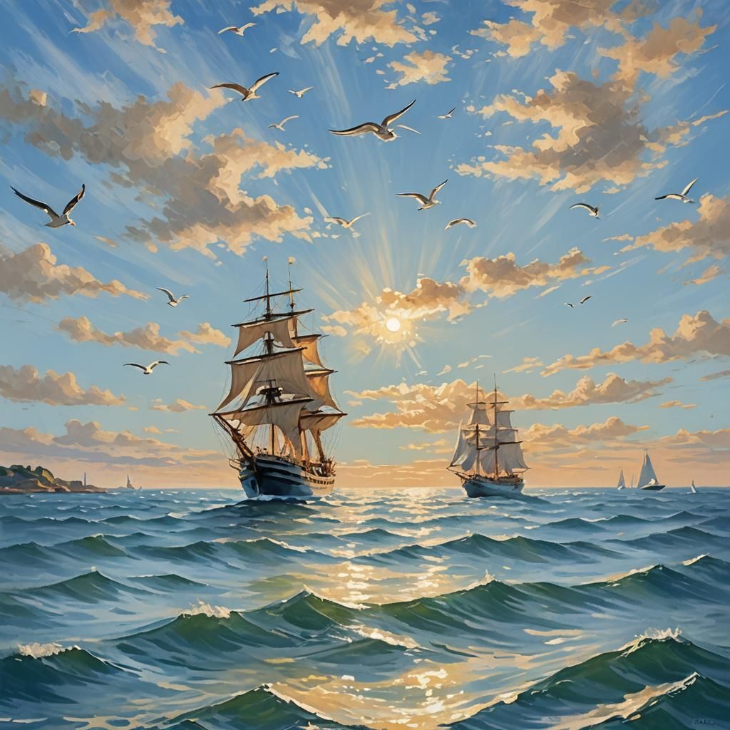Ship Sails on Blue Sea in Impressionist Style