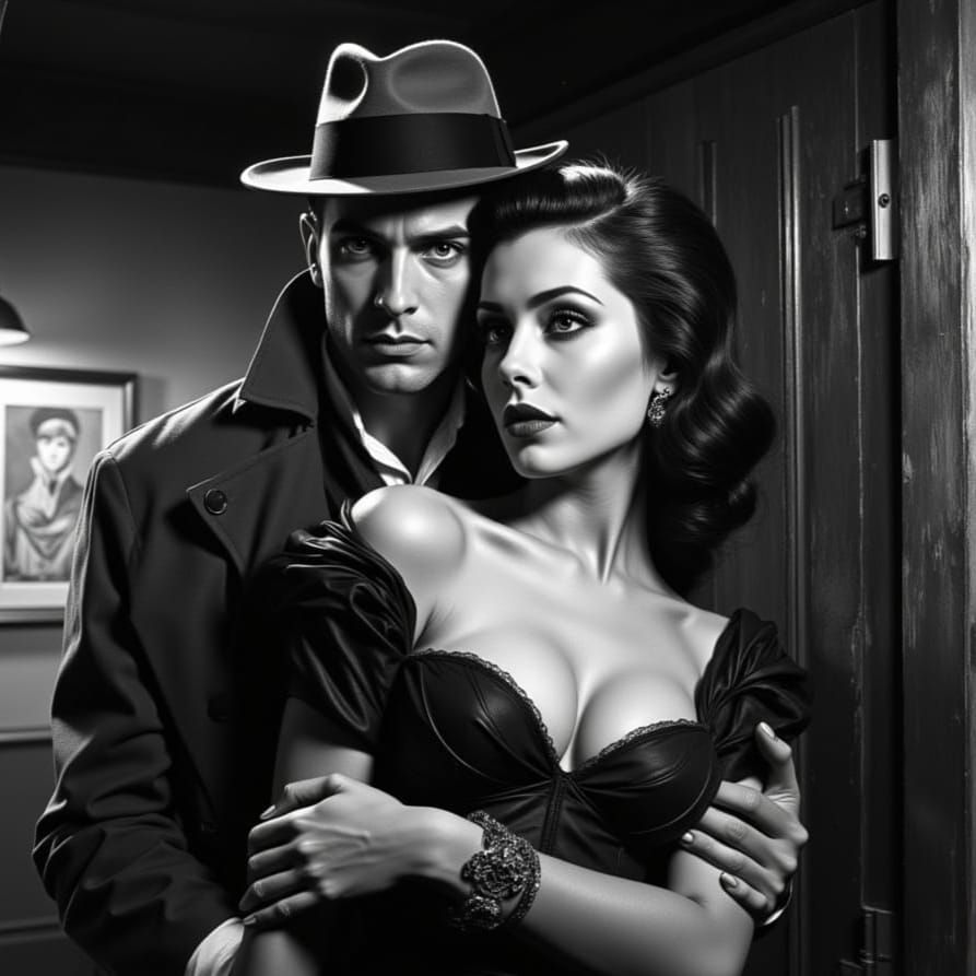 Film Noir Embrace in a Seedy Office