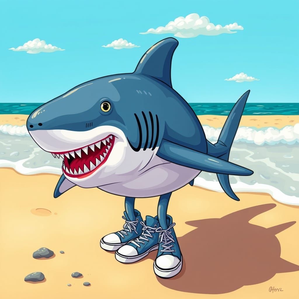 Whimsical Shark Strolls on the Beach