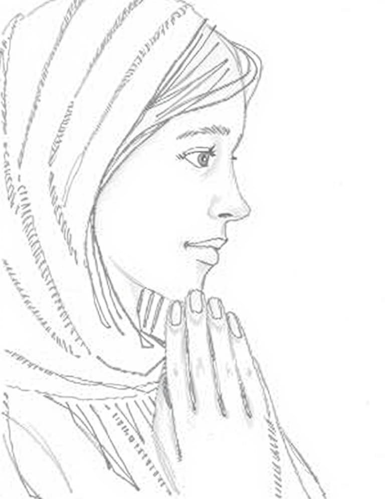 Imagine the virgin mary in prayer with a concerned look on h...