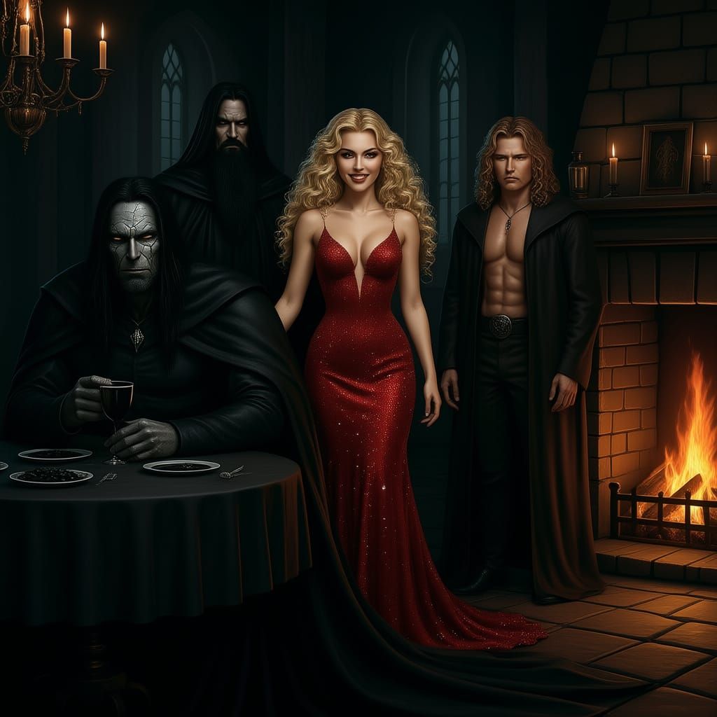 Dark Fantasy Lord with Blonde Companion and Wizard