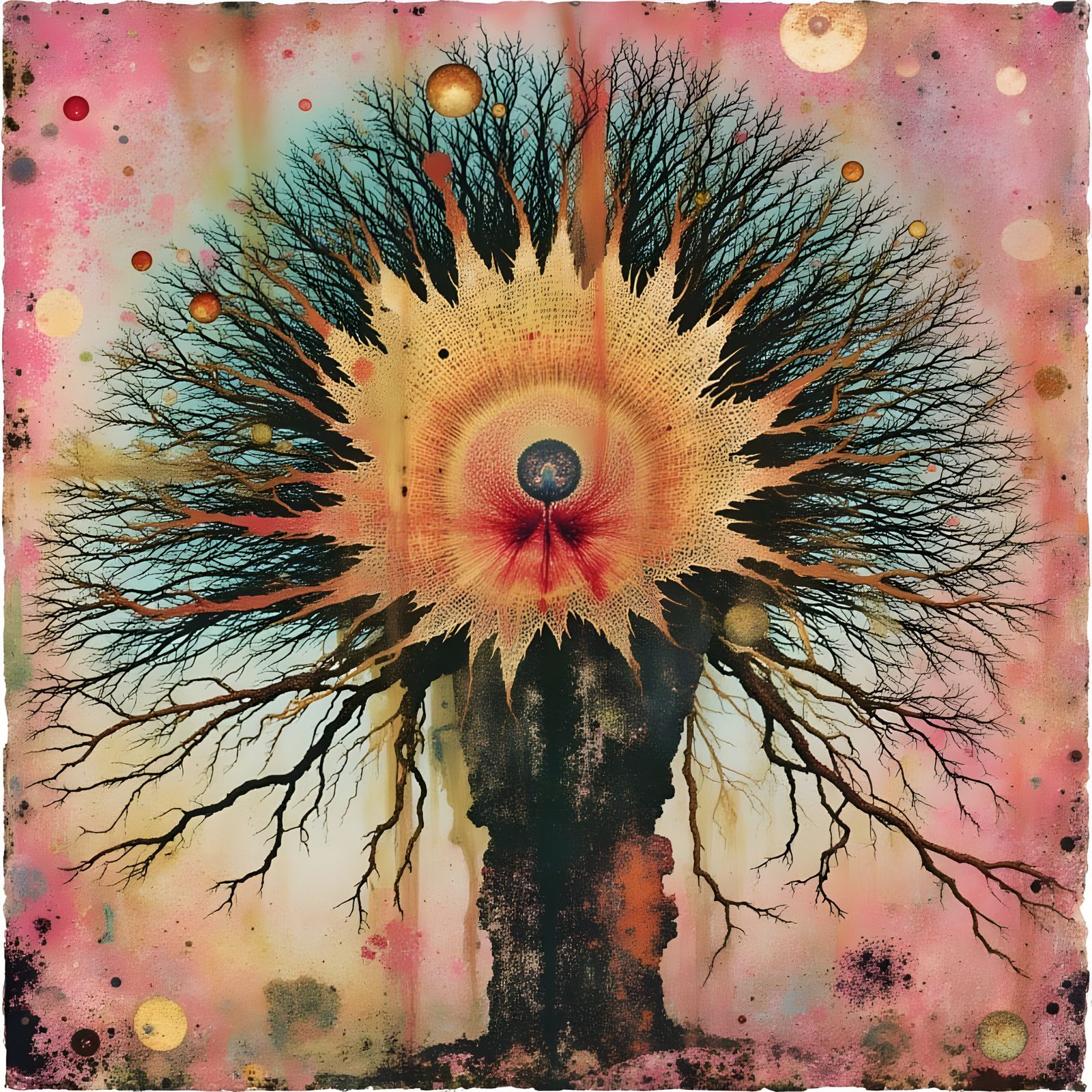 Surreal Fractal Tree with Art Objects and Figures