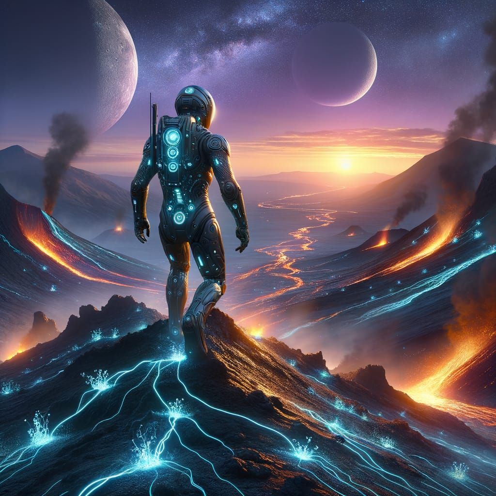 Alien Explorer Ascends Volcano on Distant Planet