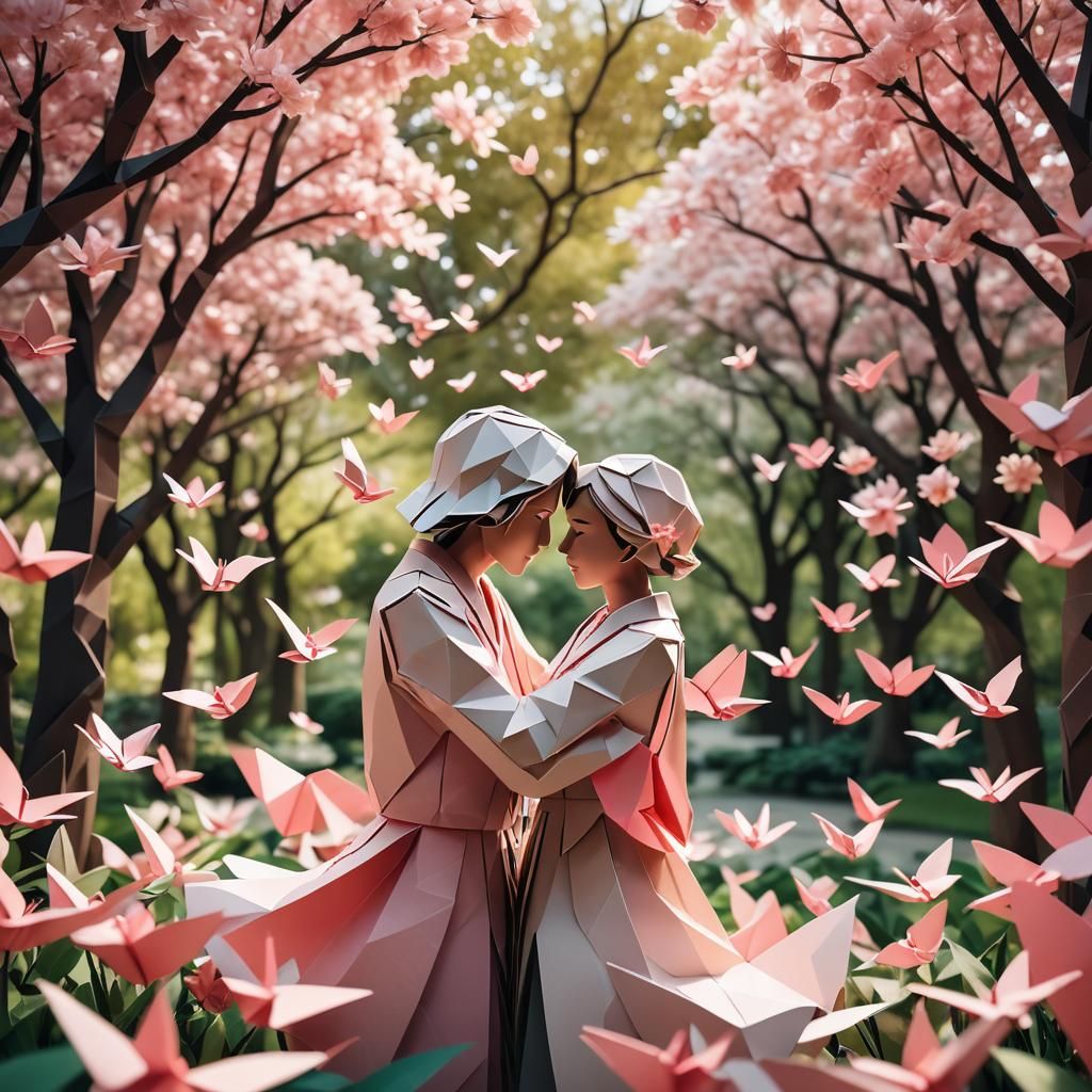 Papercraft Lovers Embrace in Origami Garden