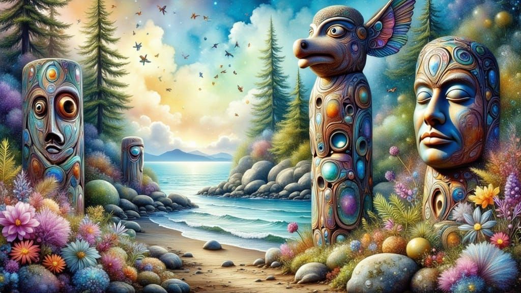 Vibrant Totem Poles on BC Coast in Morning Light