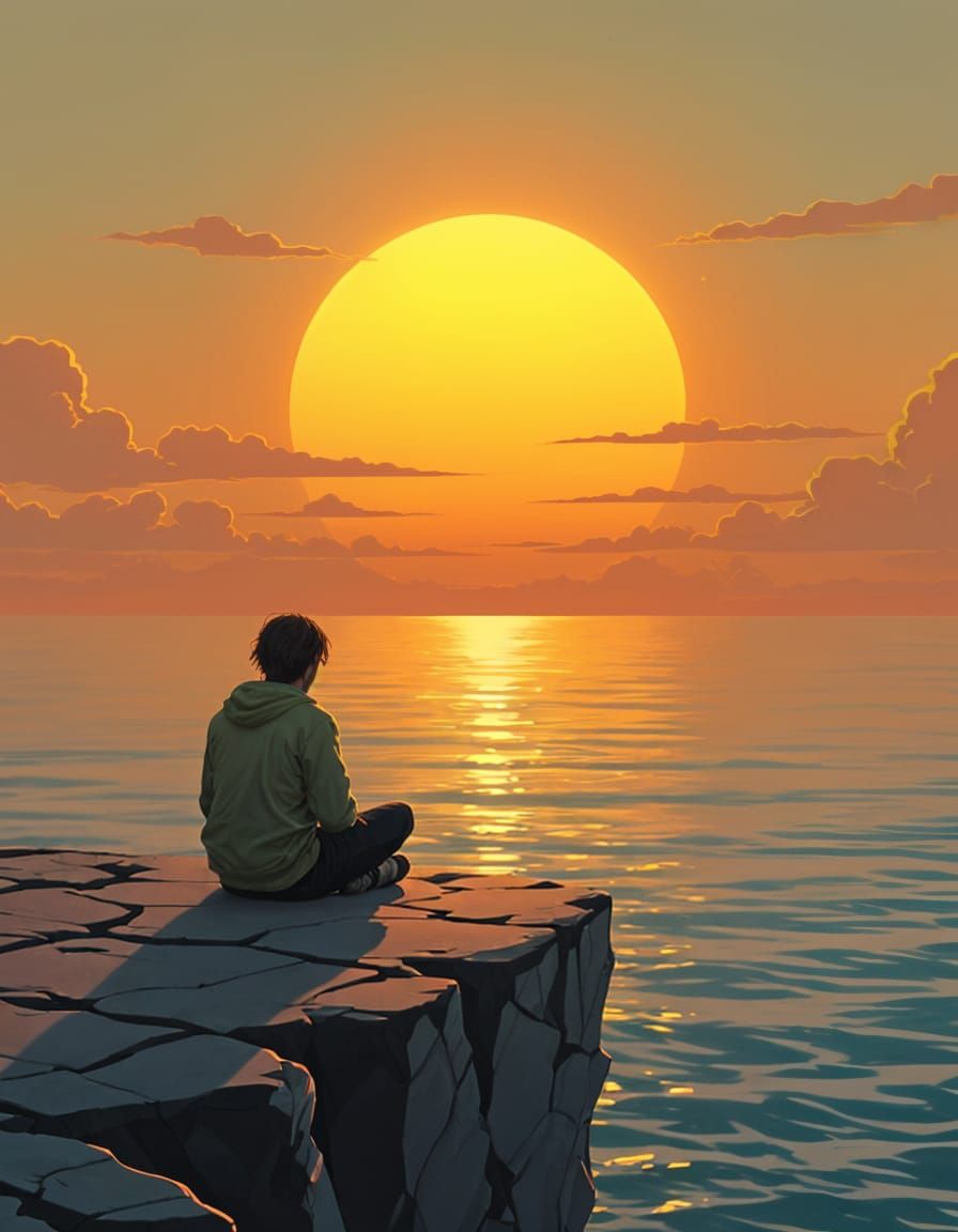 Trippy Sunset Digital Painting with Floating Island