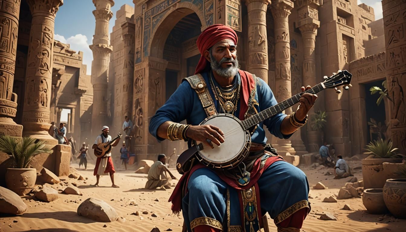 Man Plays Banjo in Egypt: Detailed Matte Painting