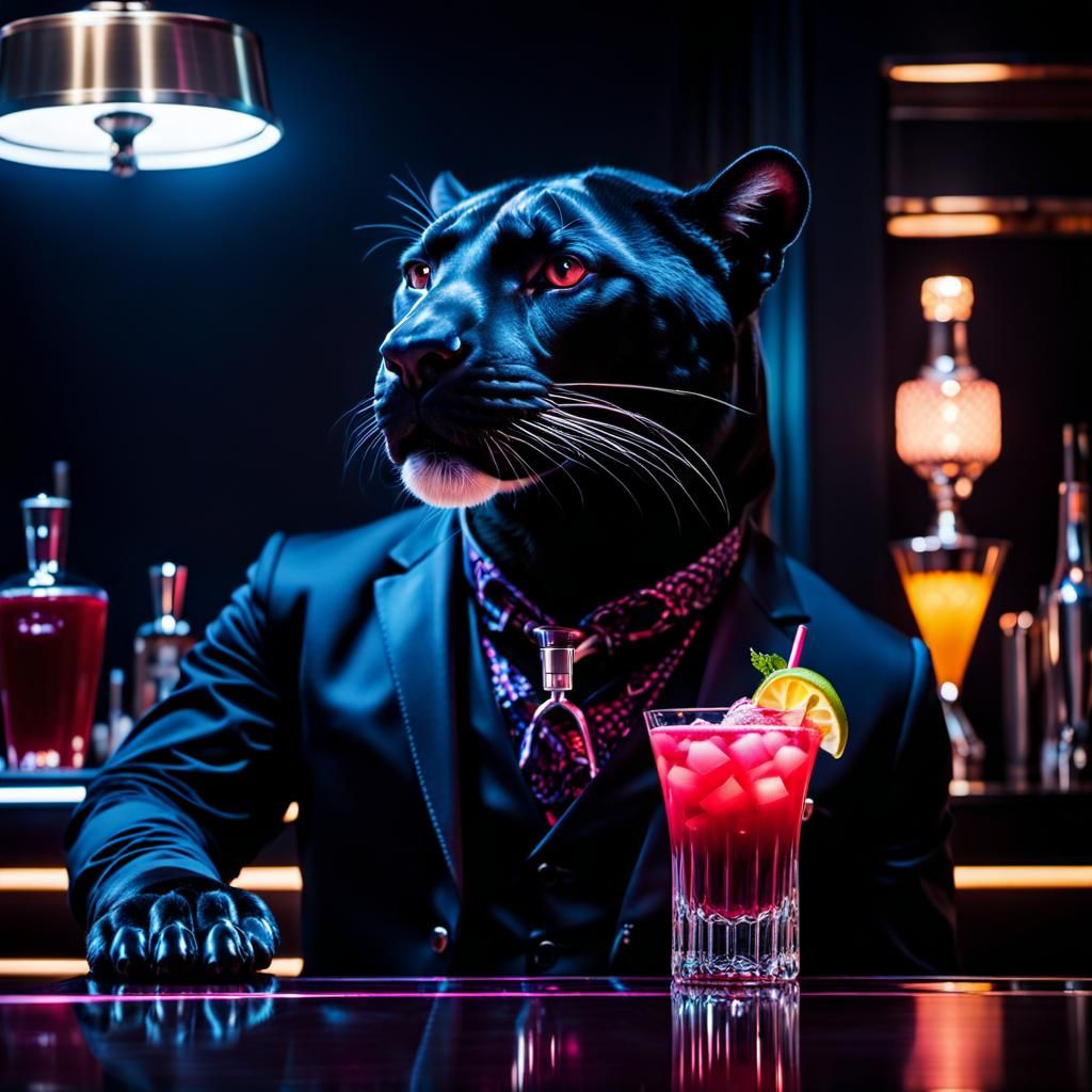 Panther Bartender Mixing Cocktail in Modern Bar