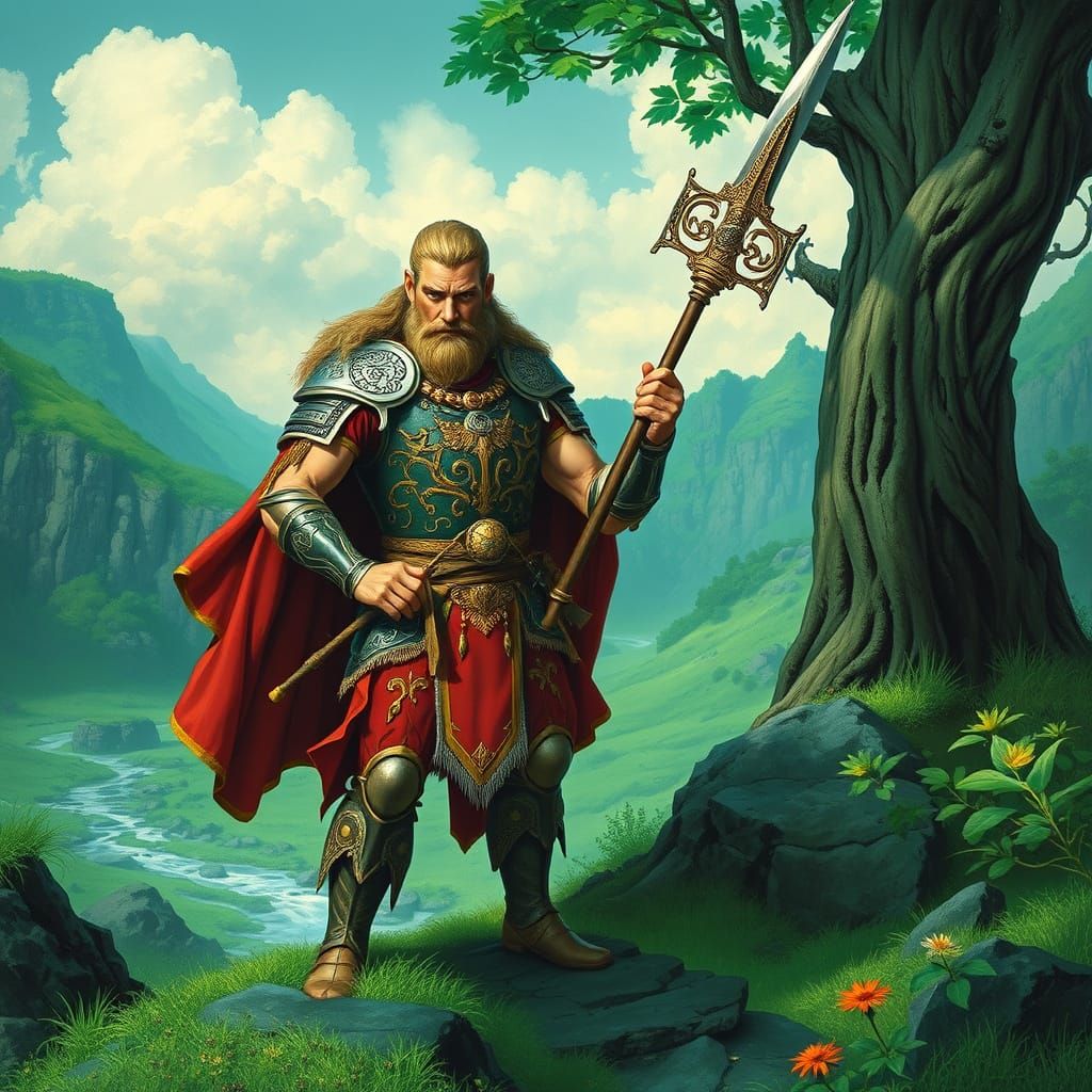 Cú Chulainn in Emerald Landscape: Art Nouveau Style