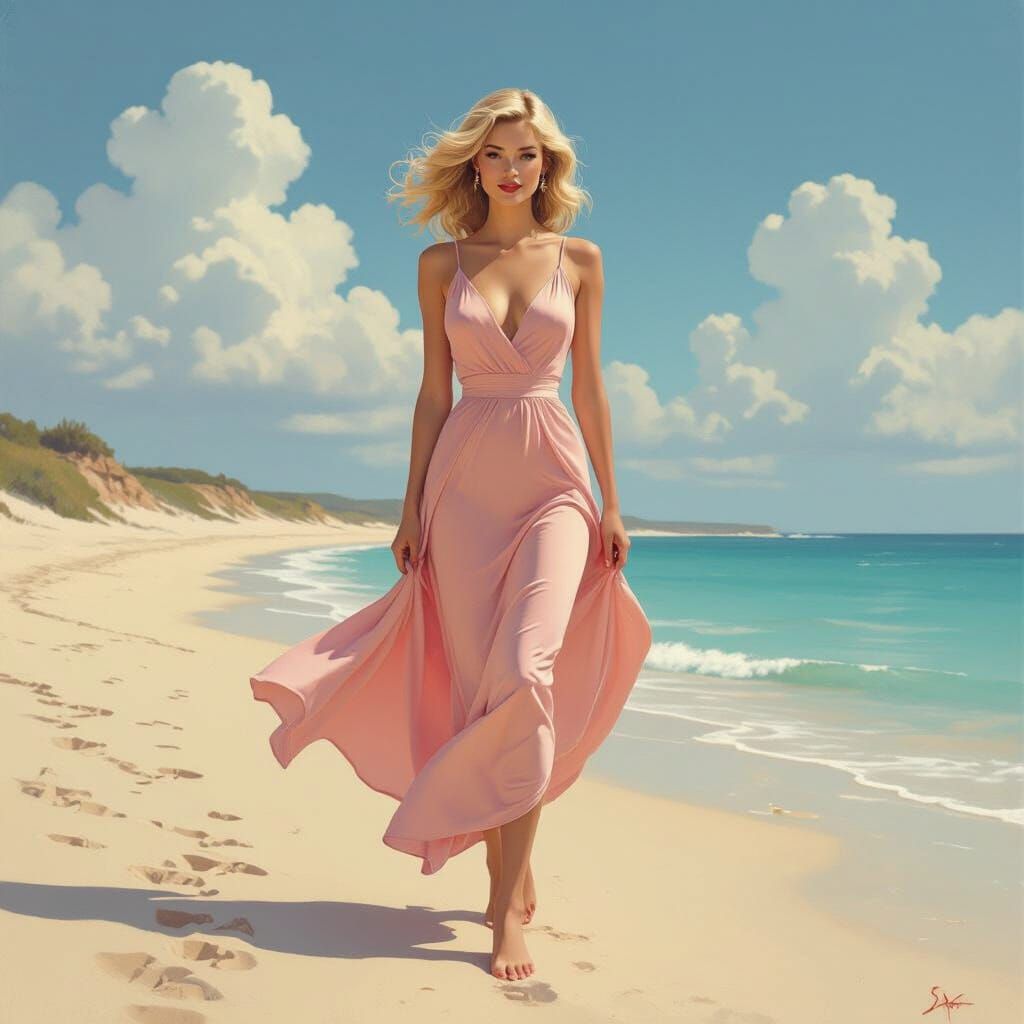 Blonde Woman on Beach, Inspired by Art Nouveau