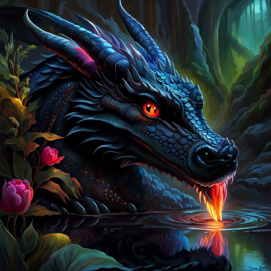 Neon Black Dragon Portrait in Fantasy Art Style