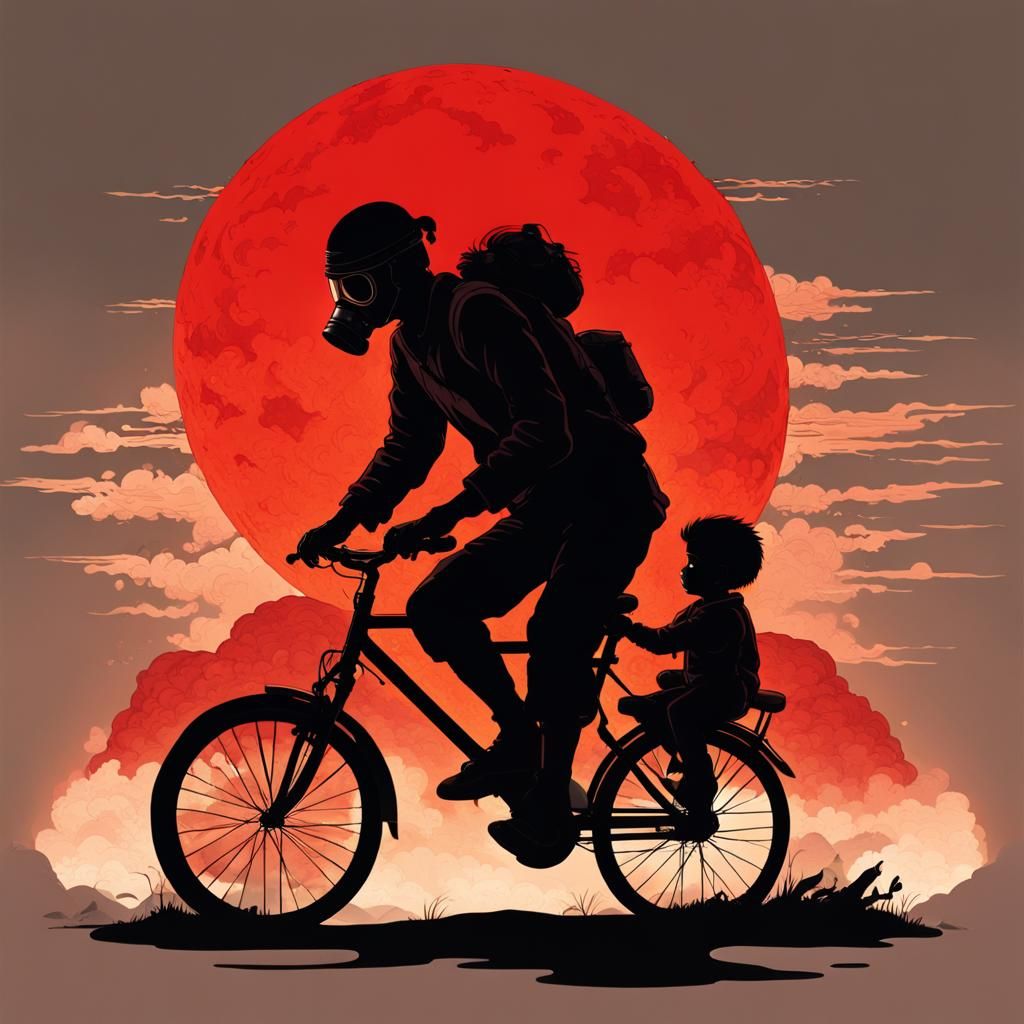 Father and Child Silhouette with Red Gas Mask
