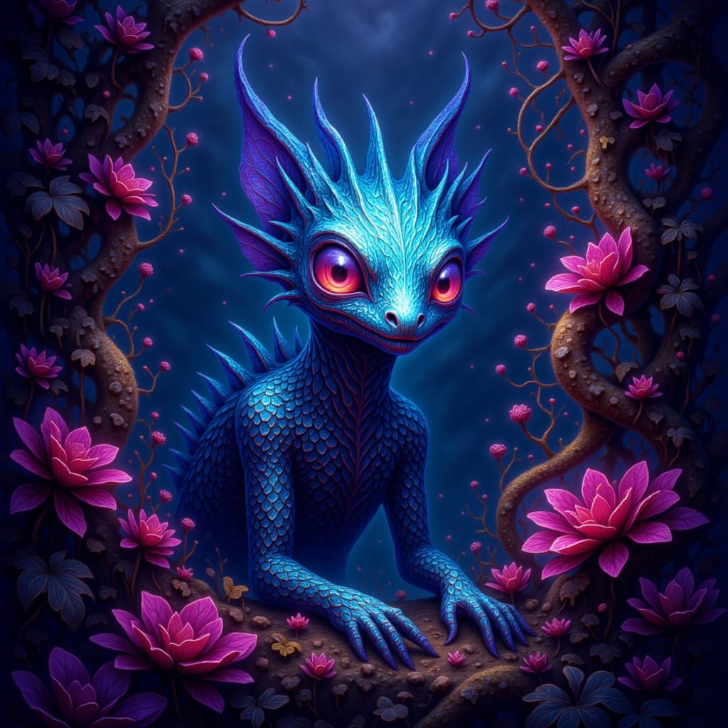 Iridescent Alien Creature Emerges from Neon Jungle