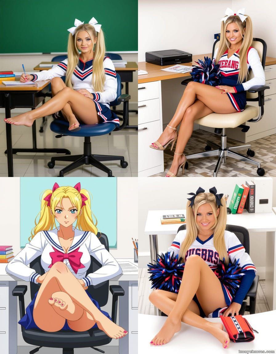 Blonde Cheerleader at Desk with Pigtails and Pink Toenails