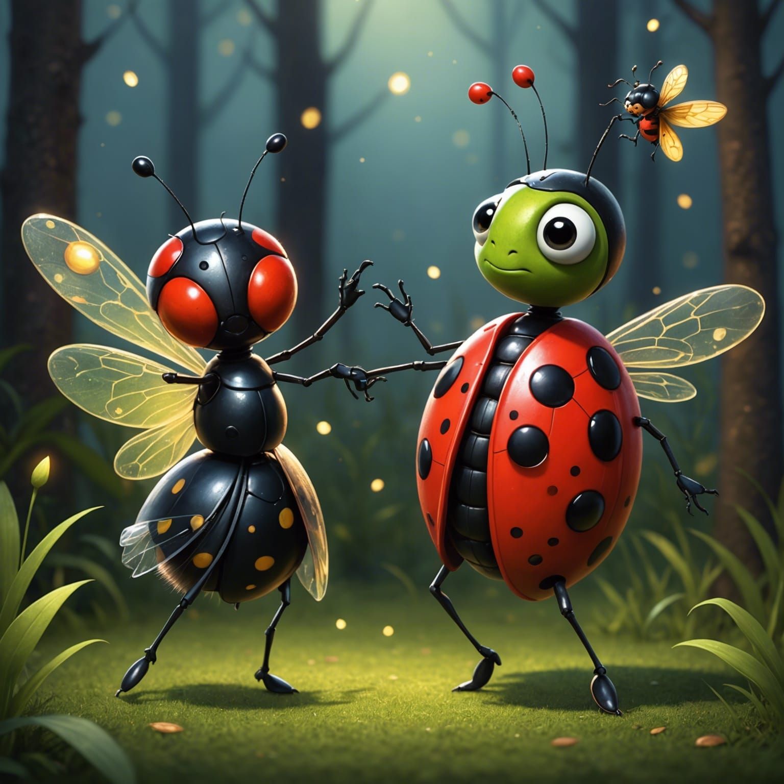 Anthropomorphic Ladybug and Firefly Dancing
