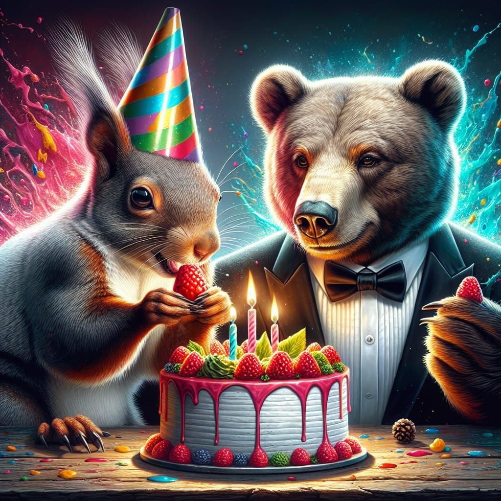 Squirrel and Bear Celebrate Birthday: Hyperrealistic Paintin...
