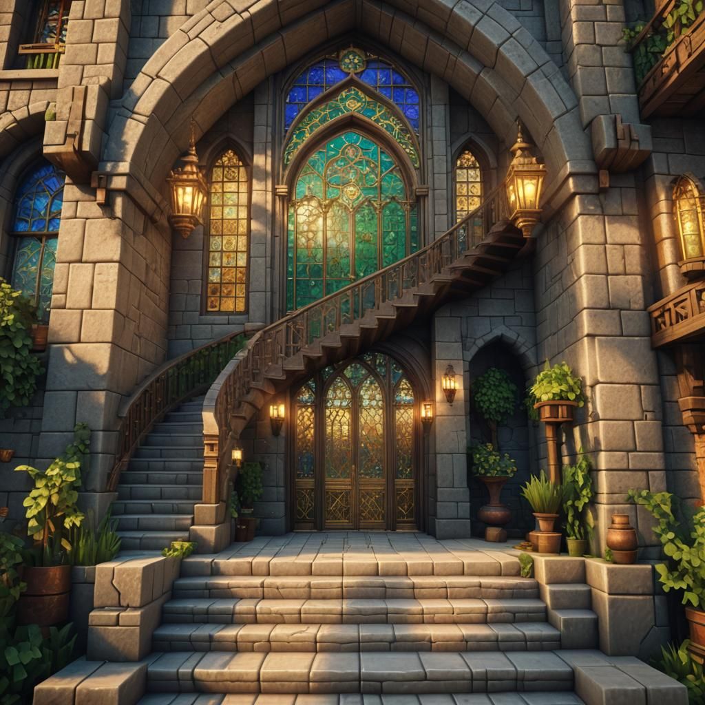 Minecraft Medieval House with Stained Glass in Fantasy Style