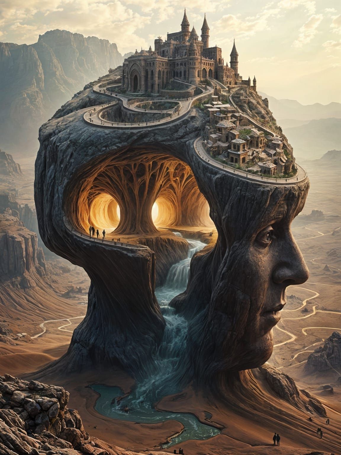 Surreal Desert Landscape with Intricate Rocky Head