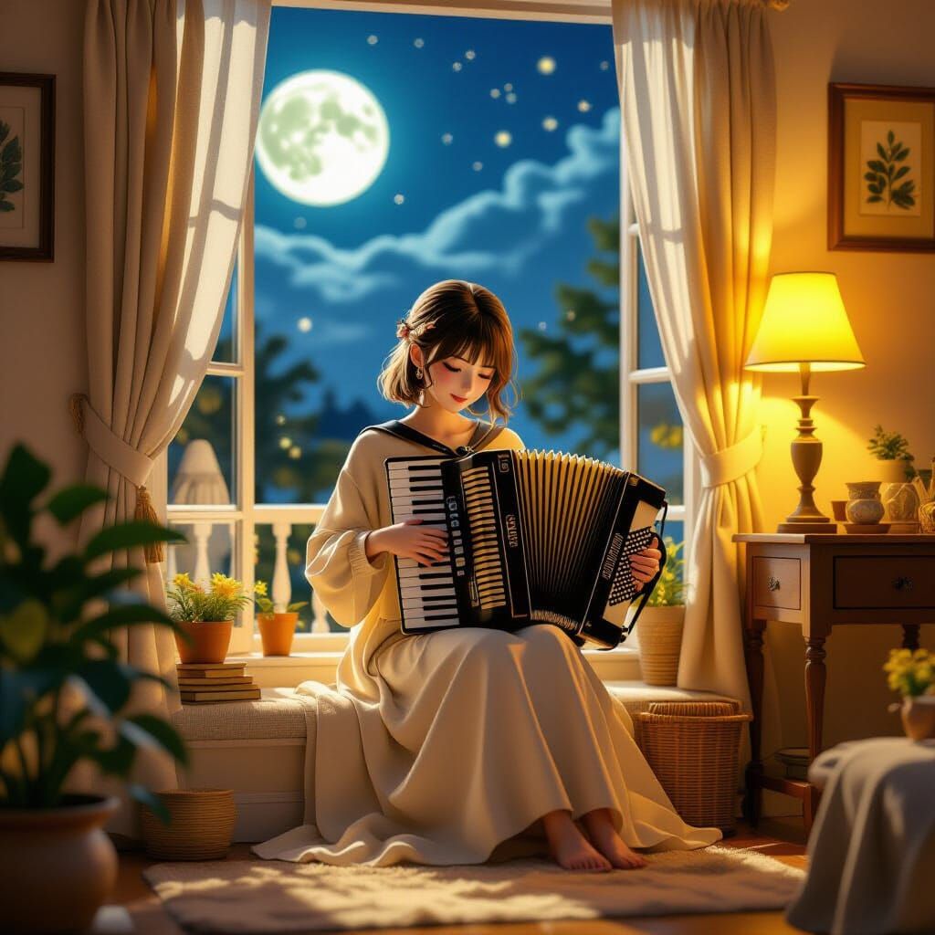 Woman in Cozy Room Plays Accordion: Anime-Inspired 3D Art