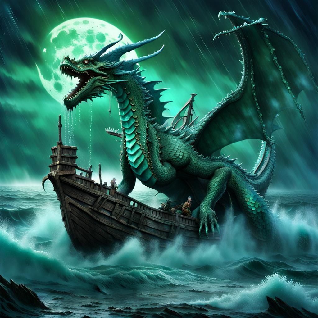 Water Dragon Attacks Ship on Stormy Sea