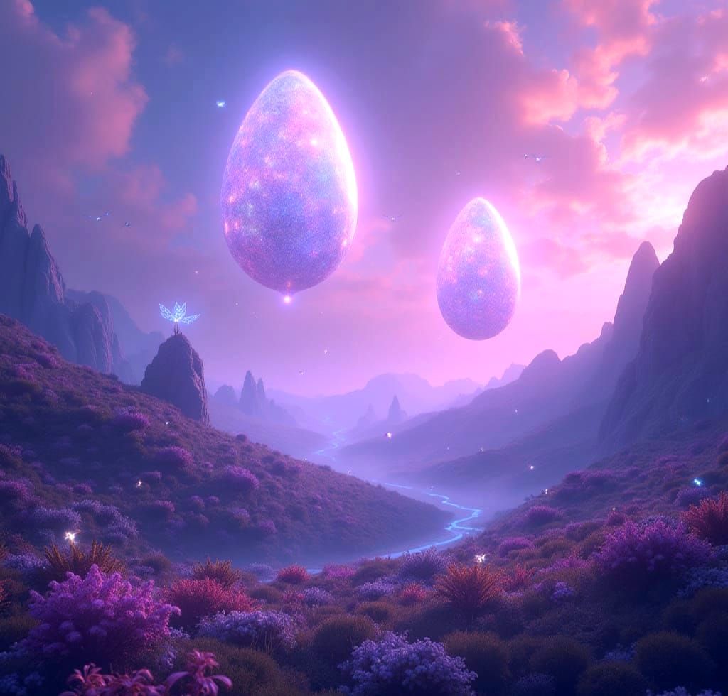 Surreal Iridescent Spaceships Soar Through Mystical Alien La...