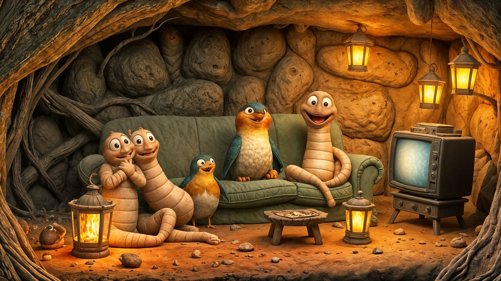 Animated Earthworms Watch TV with Robin