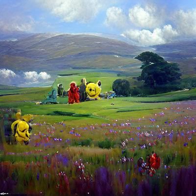 Teletubbies in Meadow: Oil Painting